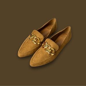 Brown Suede Loafers with Gold Chain